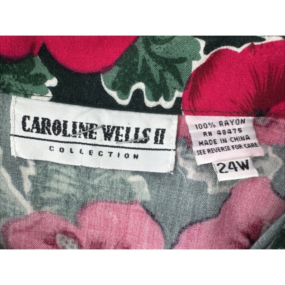 Vintage 80s Caroline Wells Dress 24W Long Red Floral Pleated Button Victorian - Picture 2 of 12